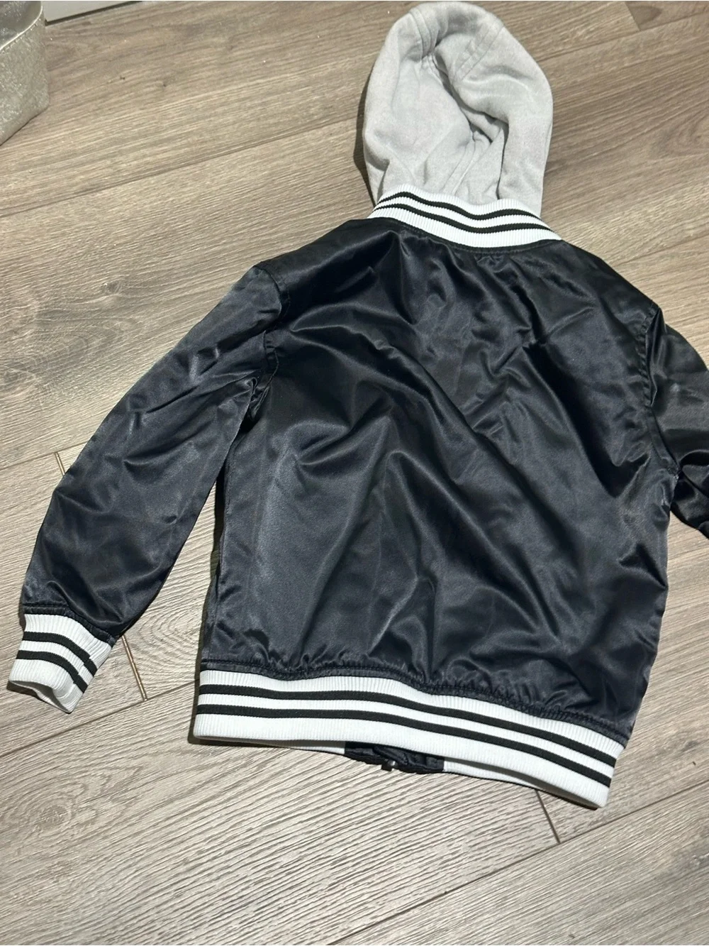 Old Navy Black Jacket with White Hood and Striped Collar